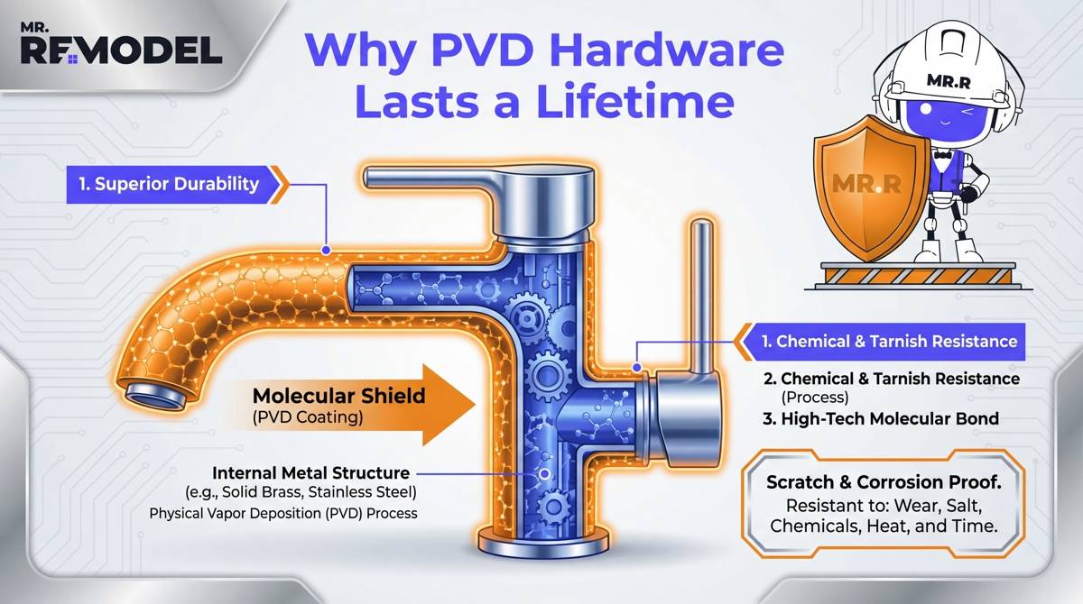A technical infographic illustrating PVD (Physical Vapor Deposition) coating technology, showing how it creates a molecularly bonded shield that resists scratches and corrosion.